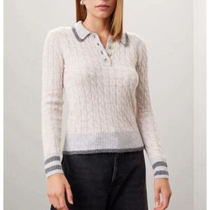 CENTRAL PARK WEST Sweater Women Medium Bobbie Polo Pullover Gray Cable Knit